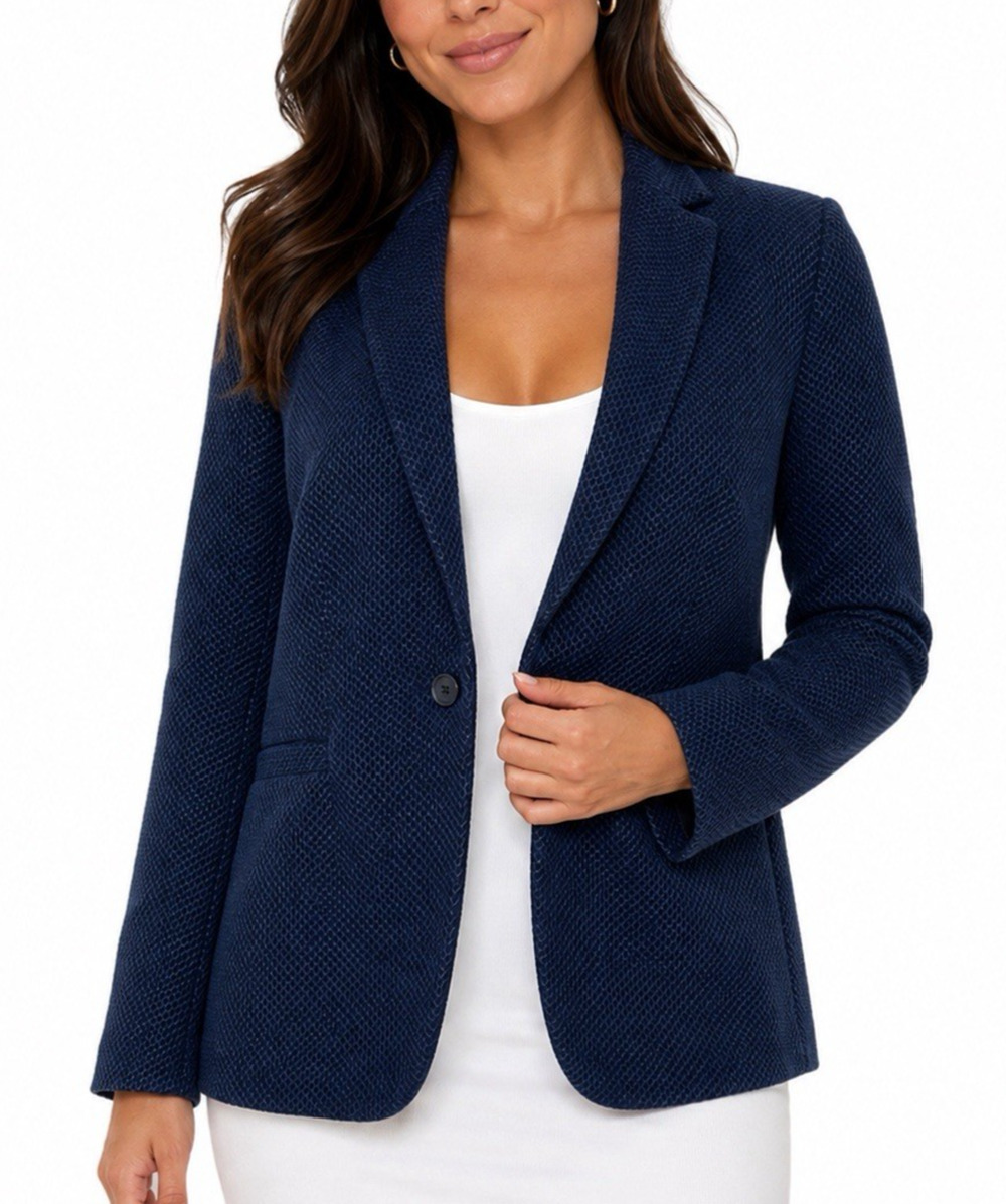 Massimo Dutti Jacket Blazer Navy Blue Notch Lapel One Button Textured 8 M